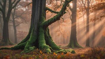 Ancient Trees Covered in Moss Amidst Autumn Chaos of Nature. photo