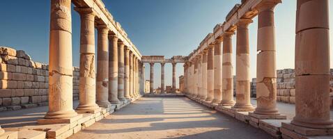 Ancient corridor with classical columns illuminated by soft sunlight in an archaeological site. photo