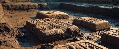 Ancient carved stones uncovered in a muddy excavation site reveal intricate designs from a lost civilization photo