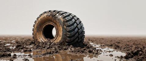 Large construction vehicle tire partially submerged in muddy field. photo