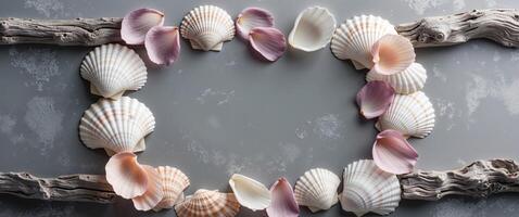 Seashells and petals creating a frame on textured gray background photo