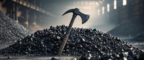 Mining pickaxe on a pile of coal with a blurred background in an industrial setting and copy space photo