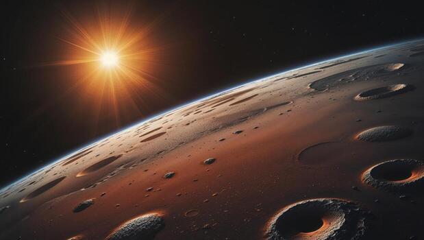 Planet mars rotating in the outer space with sun flare and craters. photo
