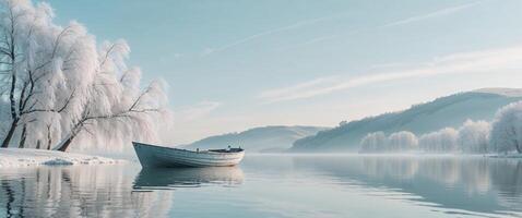 A boat is floating on the water in front of trees photo