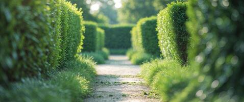 A path through a lush green hedge lined with bushes photo