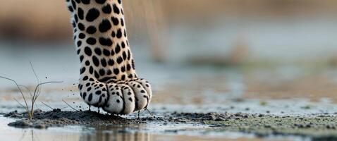 Leopard paw stepping through wet ground in the wild. photo