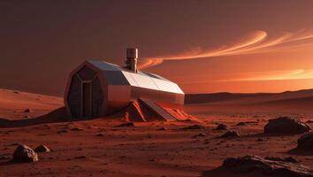 Martian landscape with a futuristic habitat under a glowing orange sunset. photo