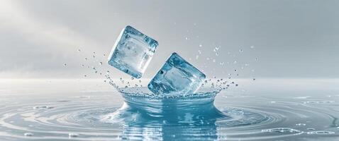 Ice Cubes Falling into Water Splash Creating Bubbles and Ripple Effects. photo