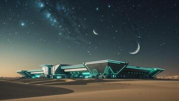 Futuristic Military Base in Desert with Advanced Technology and Starry Sky. photo