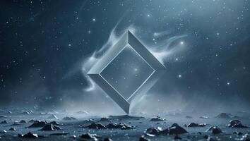 Geometric Celestial Form Floating Amidst Cosmic Debris Field Shrouded in Celestial Dust. photo