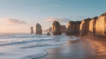 Majestic Twelve Apostles at Sunrise Along the Great Ocean Road with Serene Seascape and Ample Copy Space for Custom Text photo