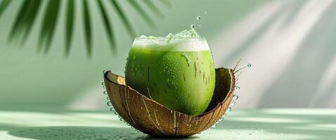 Refreshing Green Coconut Drink in Chilled Shell. photo