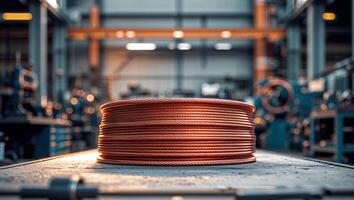 A spool of copper wire sitting on a table in a factory photo