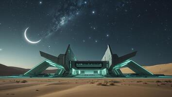 A futuristic building in the desert with a crescent moon photo