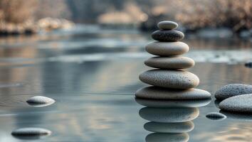 A stack of stones is sitting on top of water photo