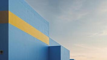 A large blue building with a yellow stripe on the side photo