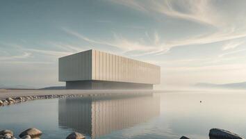 A large building is surrounded by water and rocks. photo