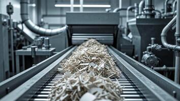 Conveyor belt transporting shredded materials in a processing facility with industrial equipment. photo