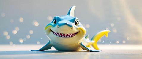 Smiling animated shark showing sharp teeth and pointy fin with friendly expression. photo