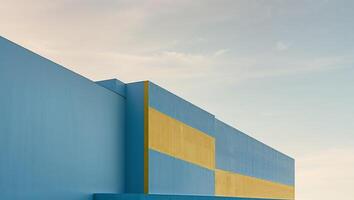 A large blue building with a yellow stripe on the side. photo
