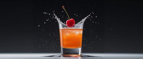 Red cherry falls into a glass with an orange drink creating a splash of water on a black background - refreshing drink concept. photo