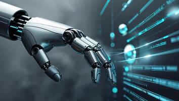 Robot hand interacting with digital interface representing advancements in industrial technology systems. photo