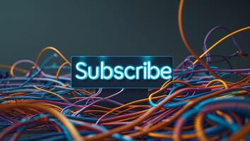 Neon subscribe sign surrounded by colorful tangled wires. photo