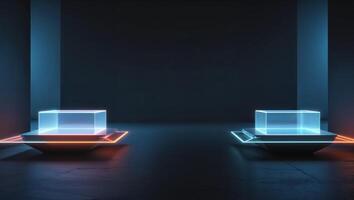 Two futuristic glowing blue and orange holographic platforms in a dark environment photo
