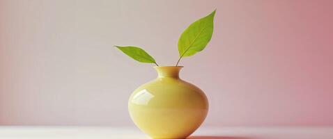 A yellow vase with a green leaf in it photo