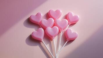 Pink heart shaped lollipops on a pink background photo