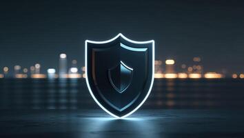 Digital Security Concept with Shield on Tablet at Night with Lights. photo