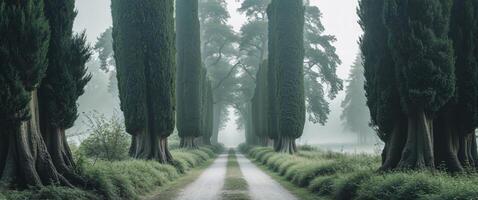 Cypress Tree Tunnel with Natural Landscape Pathway and Empty Space for Text in Peaceful Nature Setting. photo