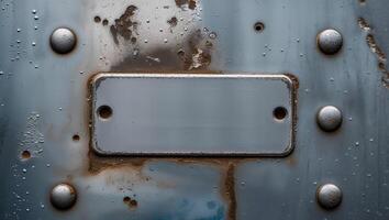 Metal surface with blank plate and rivets for labeling photo