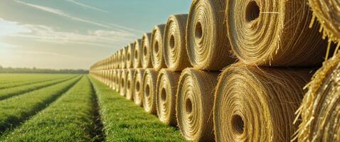 Bales of hay in a field with the sun in the background photo