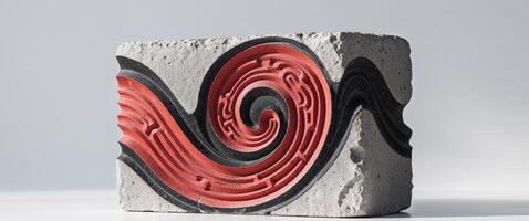 A red and black swirl sculpture on a white surface photo