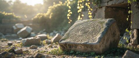 Ancient stone with a symbol on it in the middle of a field photo