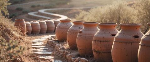 A row of clay pots lined up on a dirt path photo