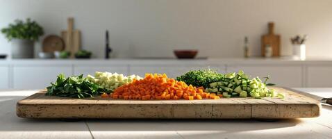 A wooden cutting board with carrots, celery and other vegetables photo