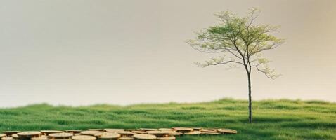 A tree and a pile of gold coins on a grassy field photo