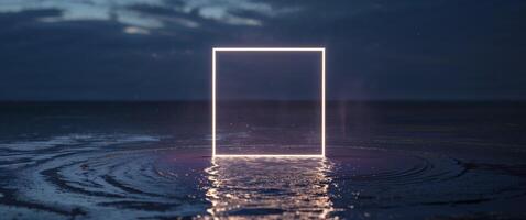Illuminated square frame in dark space reflecting on wet surface during a mysterious twilight photo