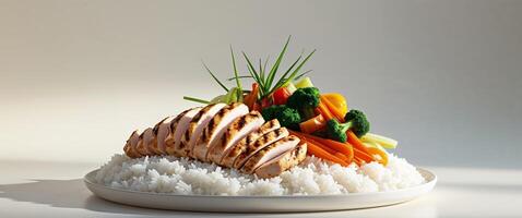 Sliced grilled chicken breast with rice and vegetables displaying healthy balanced meal photo