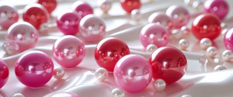 Colorful Pink and Red Glossy Balls with Pearls on a Soft Background. photo