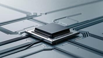microchip on circuit board in electronics manufacturing photo