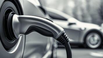 Close Up of Electric Vehicle Charging Connector with Blurred Car Background. photo