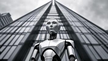 A robot is standing in front of a large building photo