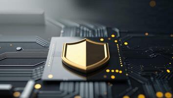 Golden Shield on Circuit Board Digital Security and Data Protection photo