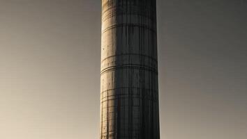 A conceptual image of a large industrial column standing alone in the middle of the frame with the sun casting a shadow. photo