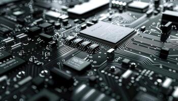 Closeup view of a complex computer circuit board photo