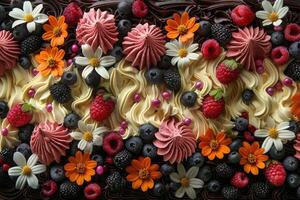 Chocolate Cake Decorated With Flowers Berries And Cream photo