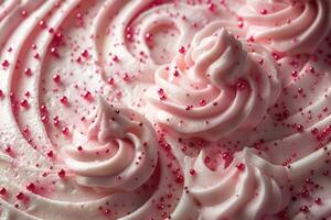 Pink frosting swirls with red sprinkles on cake photo